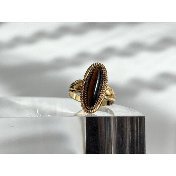Tiger's Eye Oval Vermeil Overlay 925 Sterling Silver Vintage Ring - sz 6.75 - Picture 2 of 12